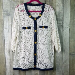 Michael Simon Size 2X Lace Button(Goldtone Rose) Front with Blue Denim Trim/Hem